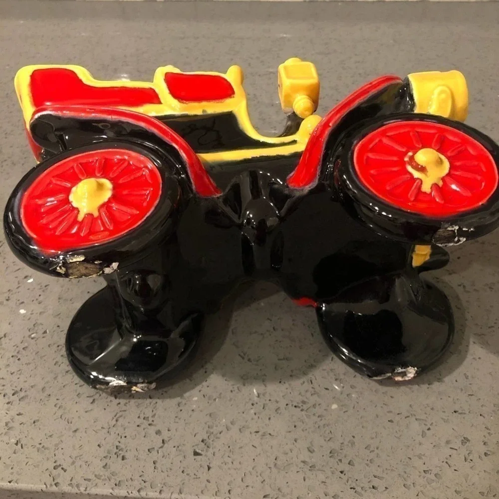 Vintage Ceramic Car Planter Antique Auto Red Yellow Retro Kitsch Succulent Pot